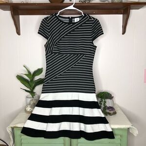 Julia Jordan Womens Striped Cap Sleeve Fit & Flare Dress Black & White S-M